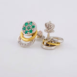 Topos Tres Aros Sello Flor 3.25gr / 1.3cm / Esmeraldas 22pts Diamantes 7pts Dos Oros Amarillo Blanco 18K (Joya)