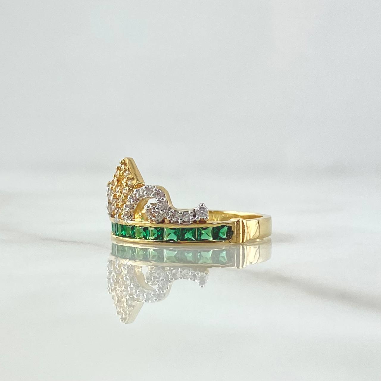 Anillo Corona 3gr / T6 1/2 / Circones Blancos verdes Oro Amarillo 18K ©