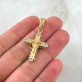 Dije Cruz Cristo Laterales Basteados 5.1gr / 3.5cm / Circones BLancos Azul Oro Amarillo 18K *