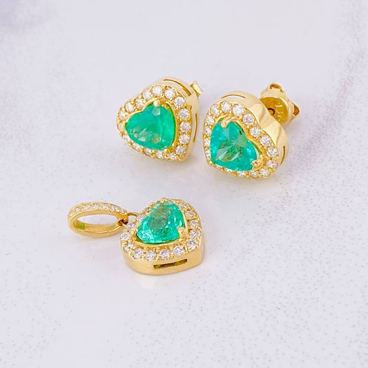 Topos Set Corazón Tupido con Dije Esmeralda 2.88pts Diamantes 79pts 6.7g / 11.2mm Oro Amarillo 18K