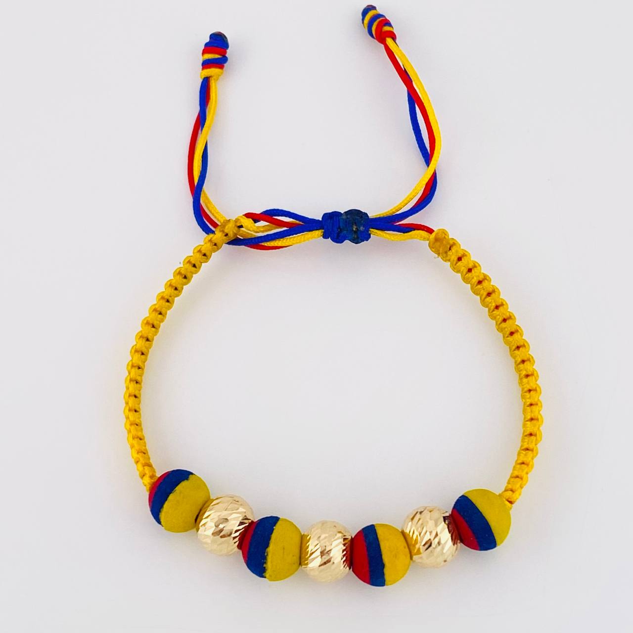 Pulsera Tejida Tricolor Neopreno Bolas Diamantadas 8Mm / 3 Und Oro Amarillo 18K (A.C)