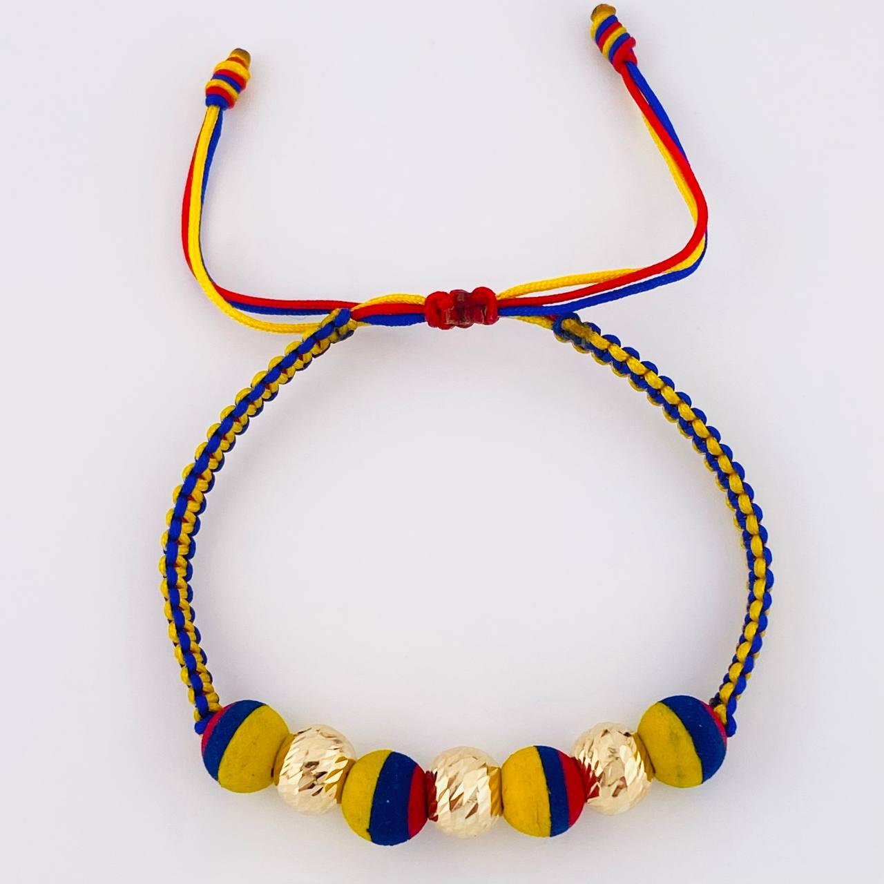 Pulsera Tejida Tricolor Neopreno Bolas Diamantadas 8Mm / 3 Und Oro Amarillo 18K (A.C)
