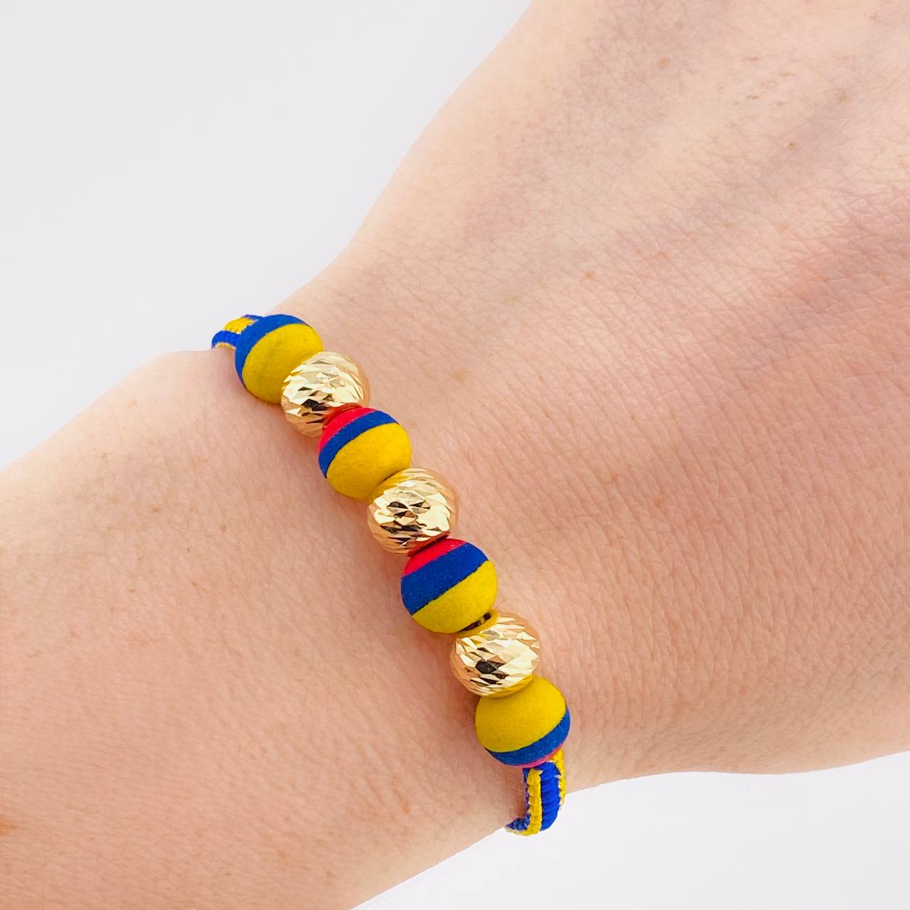 Pulsera Tejida Tricolor Neopreno Bolas Diamantadas 8Mm / 3 Und Oro Amarillo 18K (A.C)