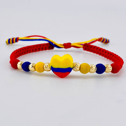 Pulsera Tejida Tricolor Corazón Bolas Diamantadas 4Mm / 6 Und Oro Amarillo 18K (A.C)