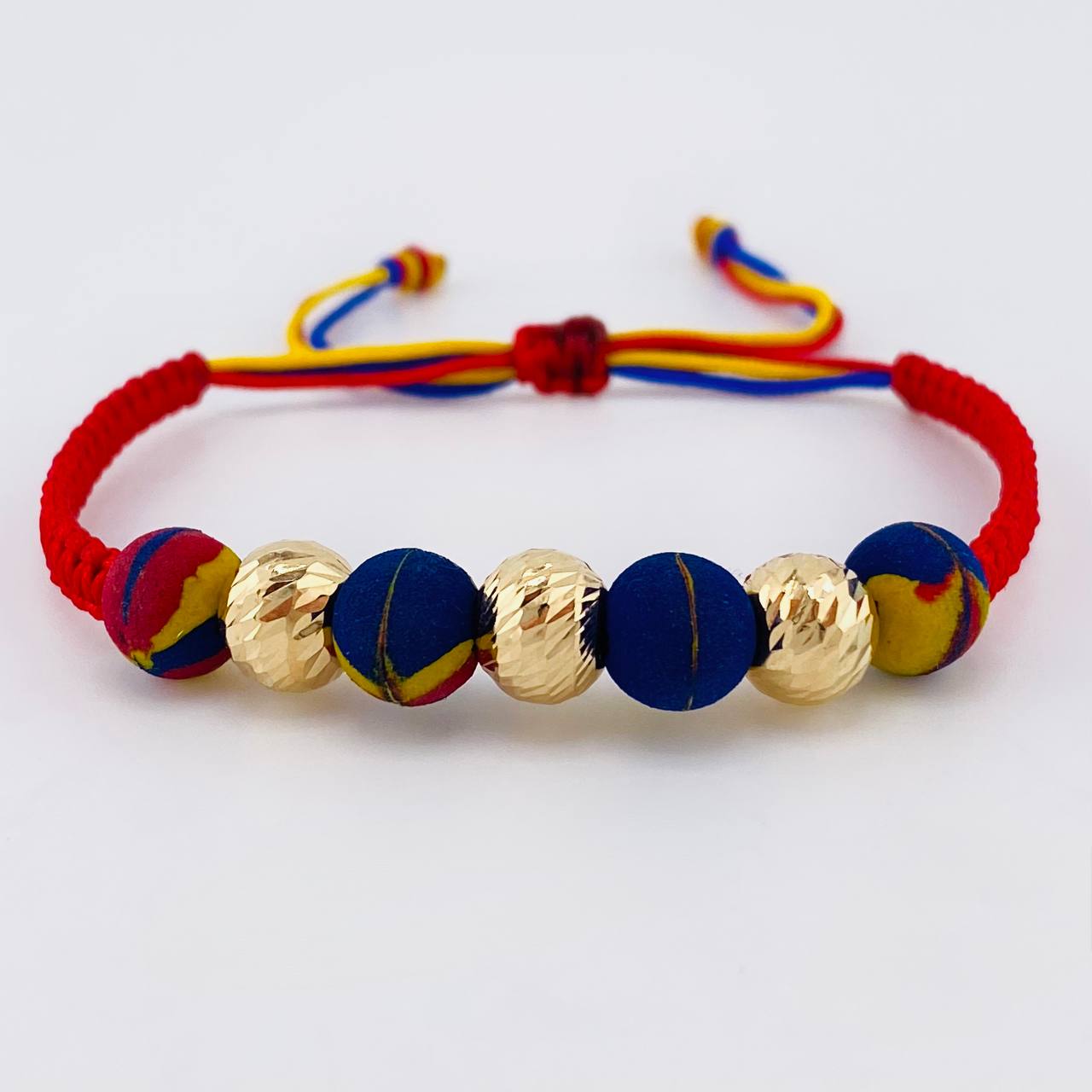 Pulsera Tejida Tricolor Neopreno Bolas Diamantadas 8Mm / 3 Und Oro Amarillo 18K (A.C)
