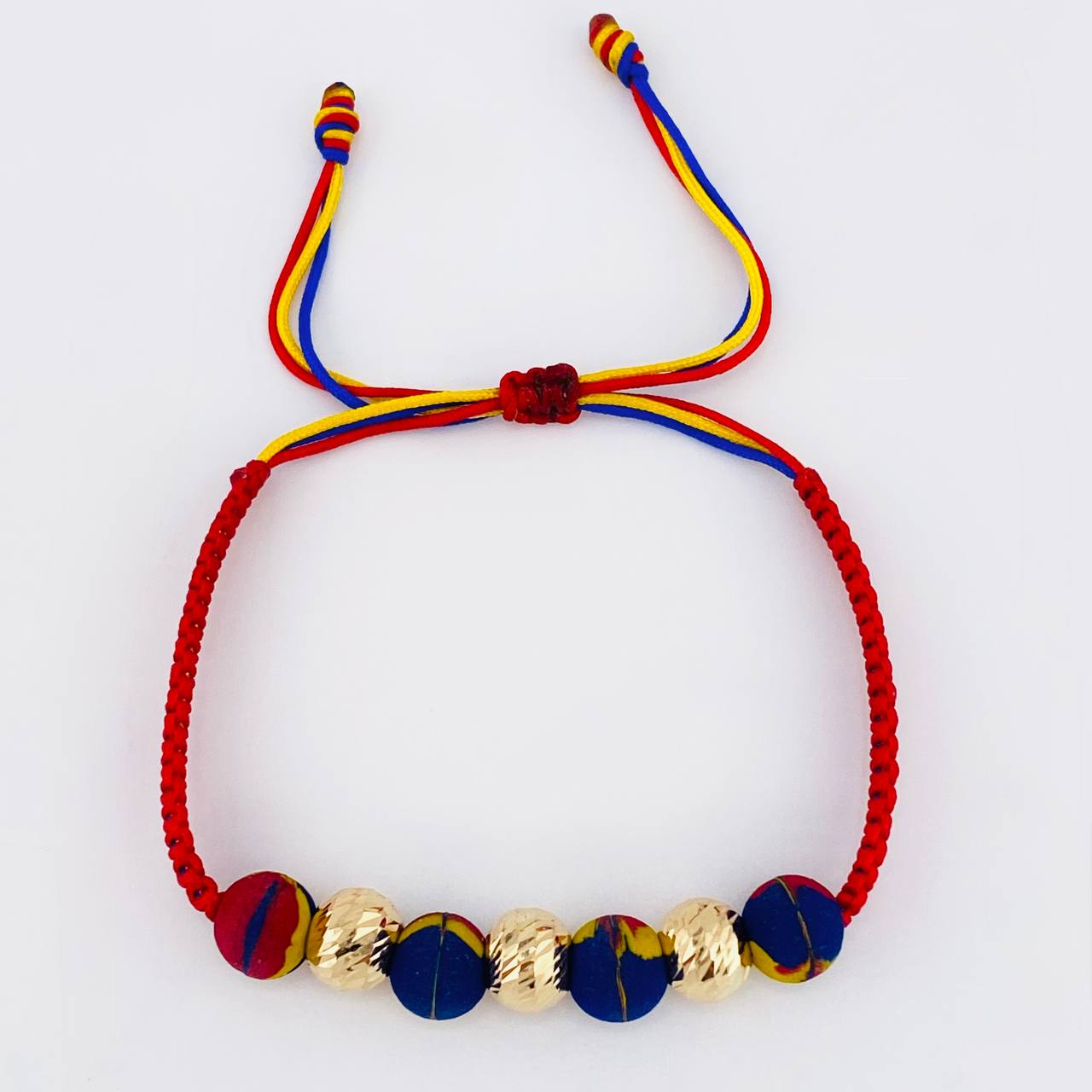 Pulsera Tejida Tricolor Neopreno Bolas Diamantadas 8Mm / 3 Und Oro Amarillo 18K (A.C)