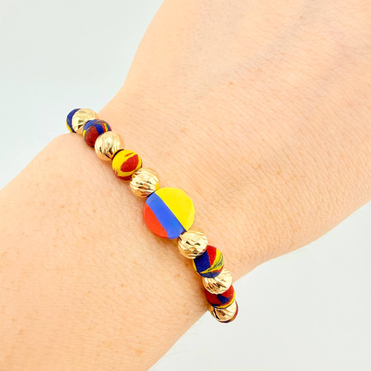 Pulsera Tejida Tricolor Circulo Bolas Diamantadas 6Mm / 6 Und Oro Amarillo 18K (A.C)