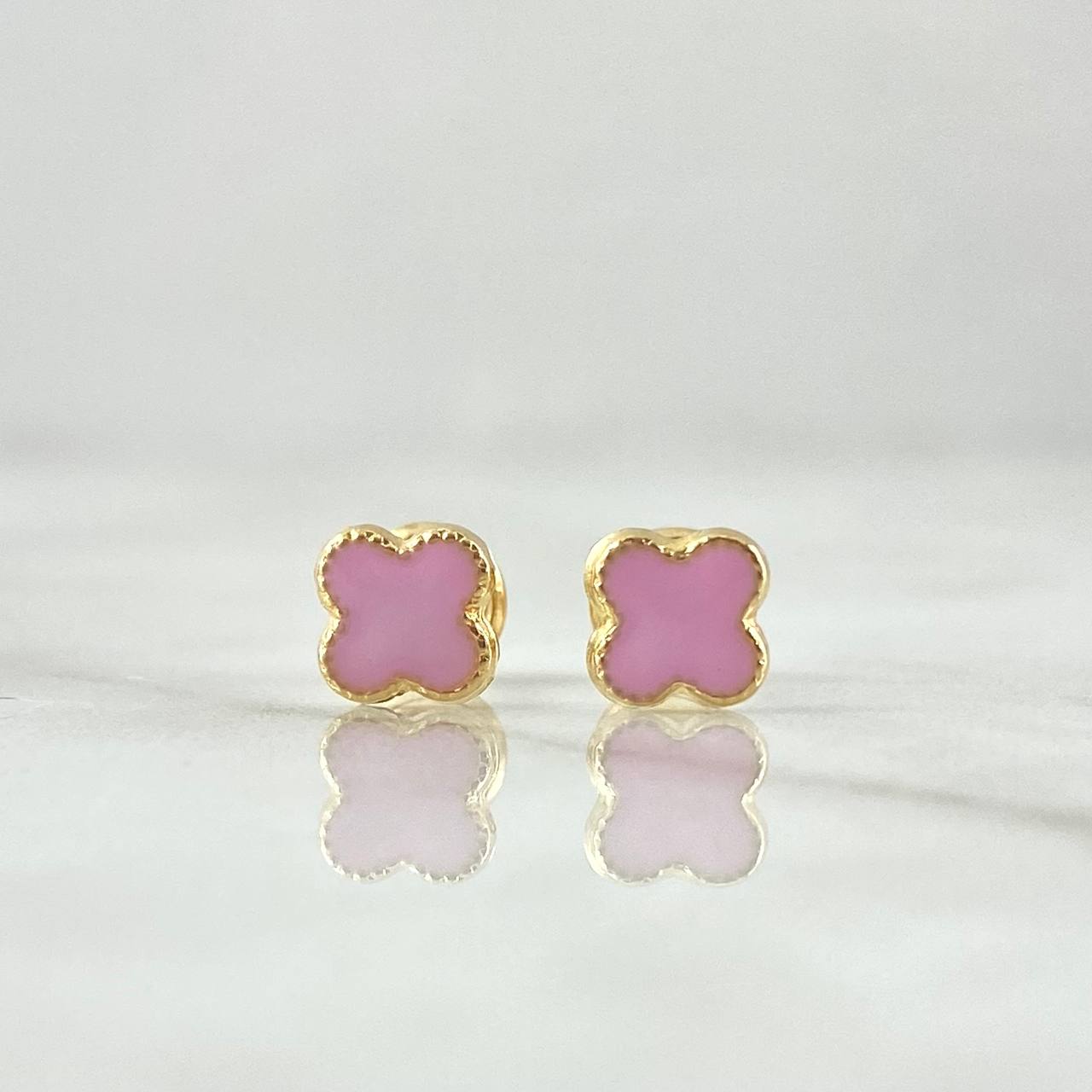 Topos Trebol 0.8gr / 6mm Borde Punteado Resina Rosada Oro Amarillo 18K ©