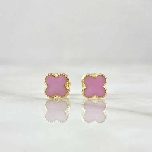 Topos Trebol 0.8gr / 6mm Borde Punteado Resina Rosada Oro Amarillo 18K ©