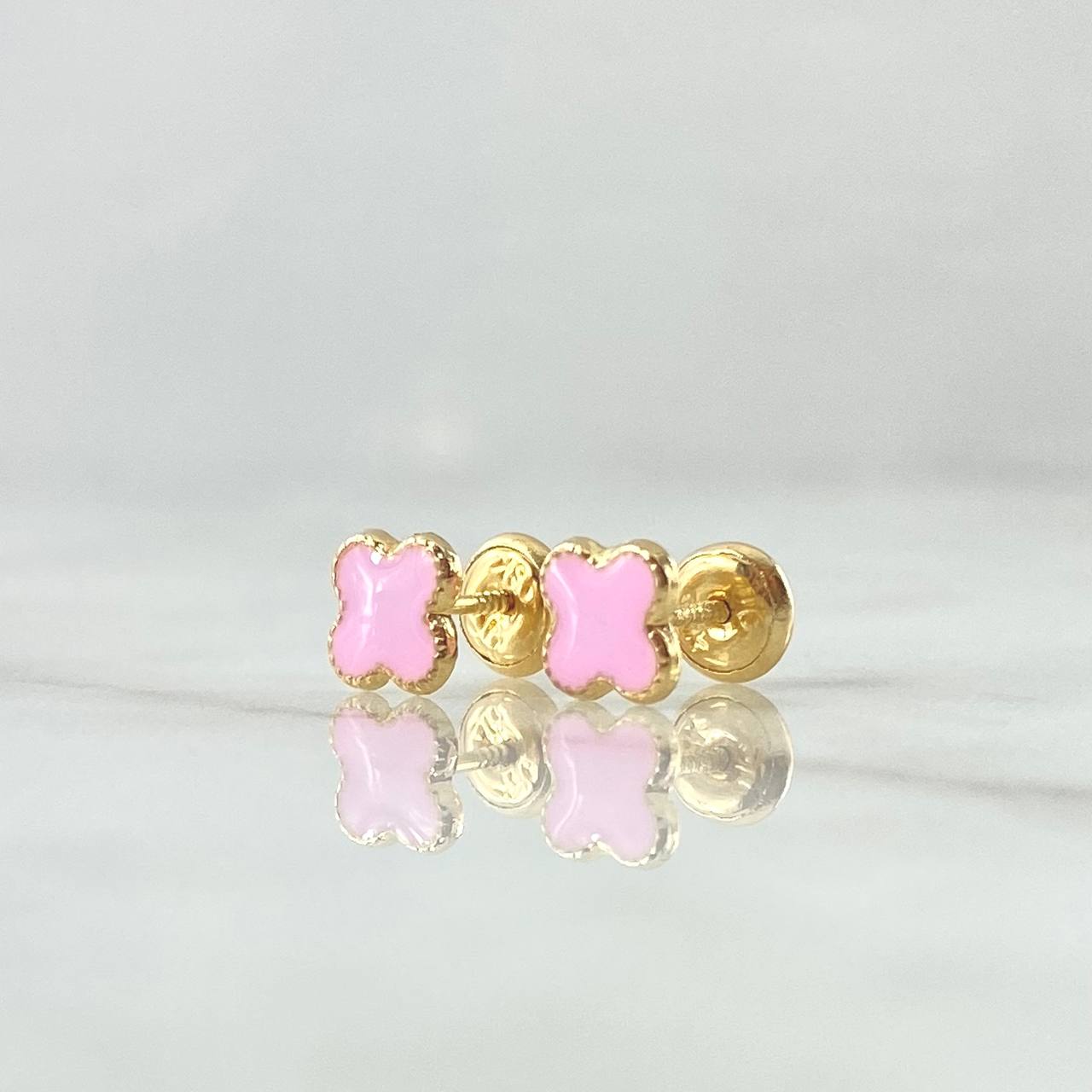 Topos Trebol 0.85gr / 6mm Borde Punteado Resina Rosada Oro Amarillo 18K ©