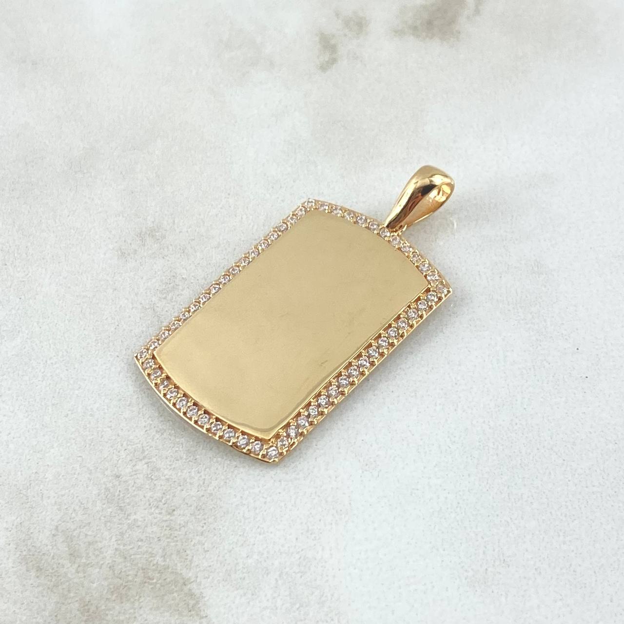 Dije Placa Rectangular Espejo 5.1gr / 3.7cm / Cargador Liso Circones Blancos Oro Amarillo 18K