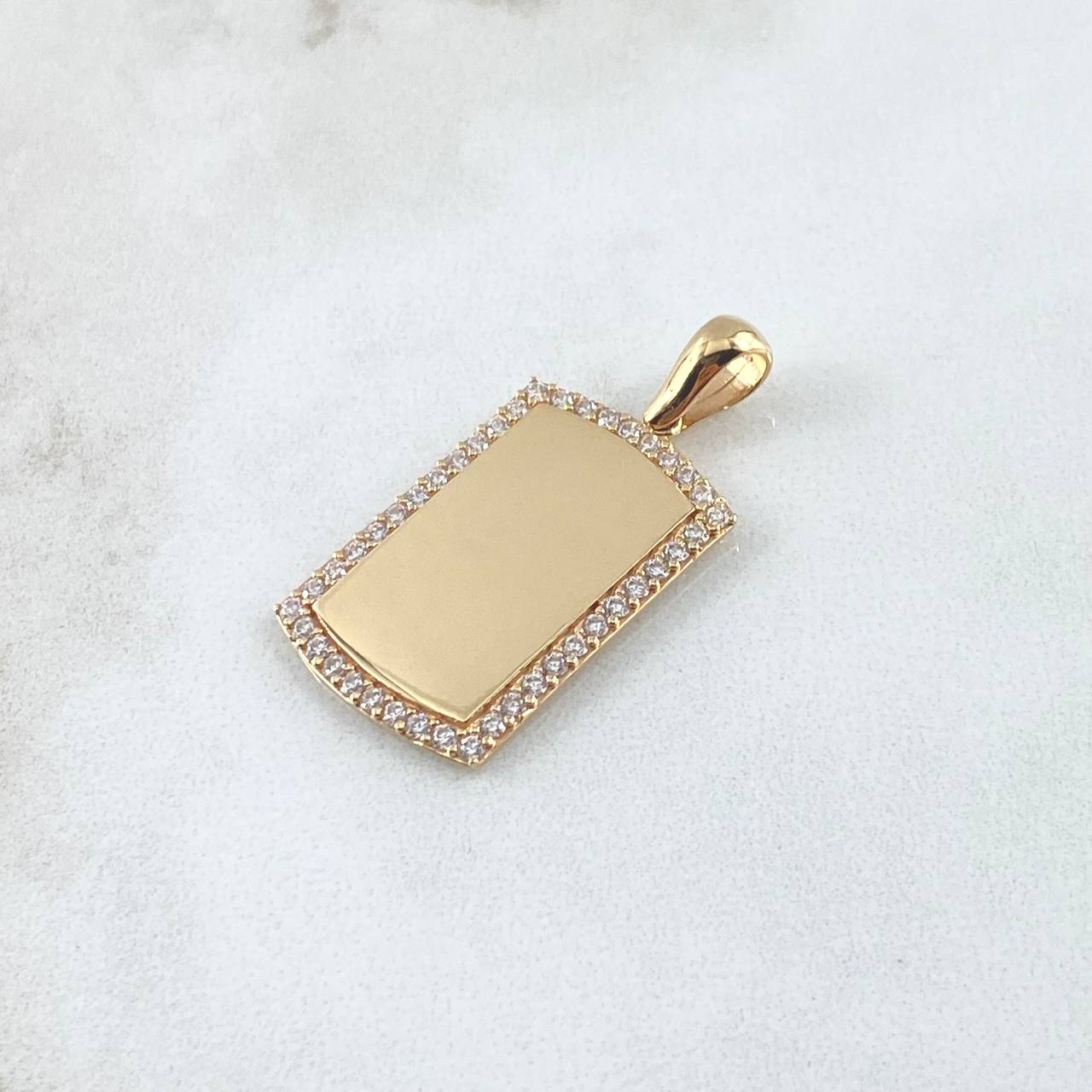 Dije Placa Rectangular Espejo 4.45gr / 3.2cm / Cargador Liso Circones Blancos Oro Amarillo 18K