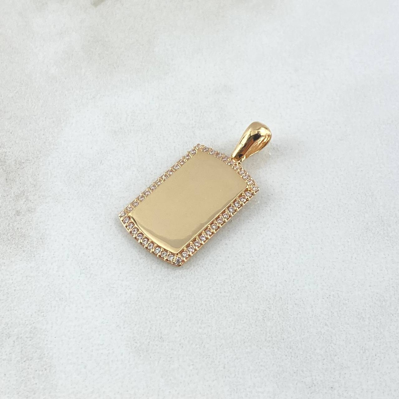 Dije Placa Rectangular Espejo 2.4gr / 2.6cm / Cargador Liso Circones Blancos Oro Amarillo 18K