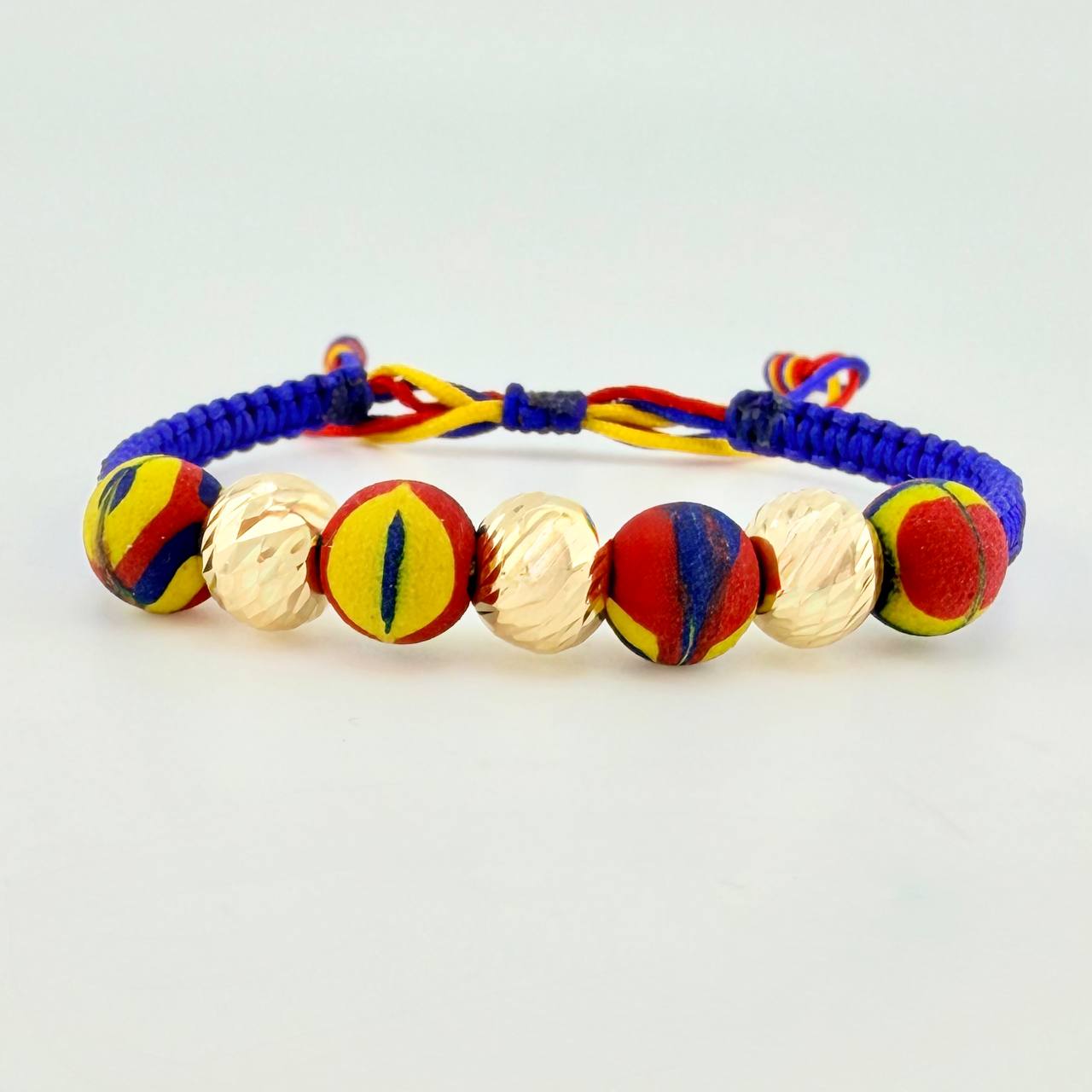 Pulsera Tejida Tricolor Neopreno Bolas Diamantadas 8Mm / 3 Und Oro Amarillo 18K (A.C)