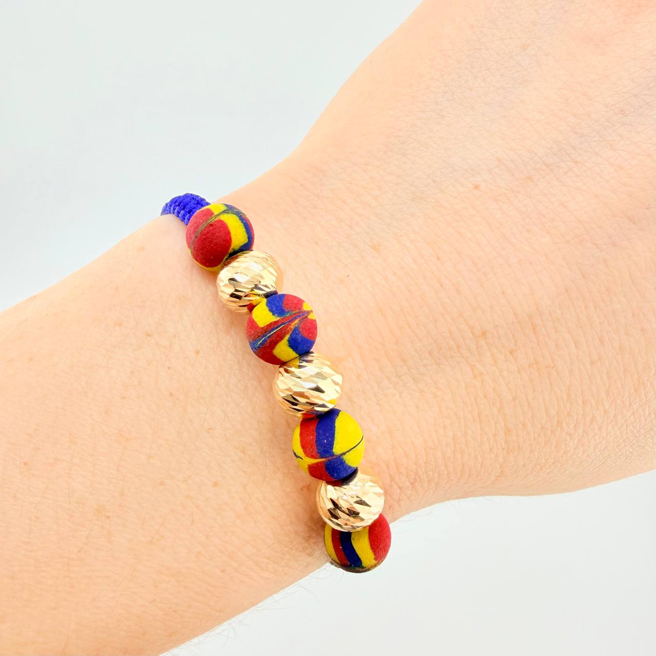 Pulsera Tejida Tricolor Neopreno Bolas Diamantadas 8Mm / 3 Und Oro Amarillo 18K (A.C)