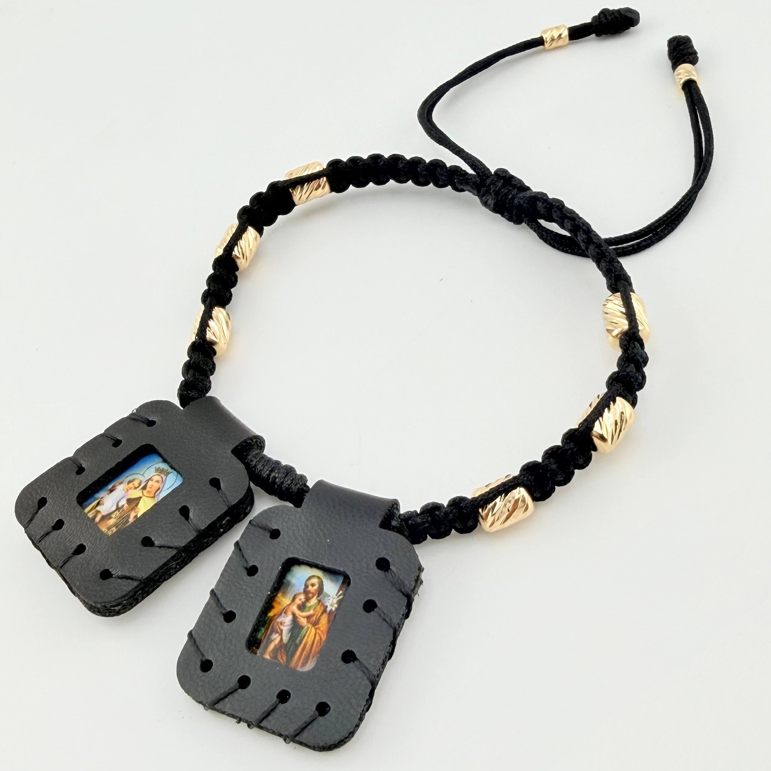 Pulsera Negra Escapulario Cilindros Diamantados 8und 2gr / 3mm-5mm Oro Amarillo 18K *