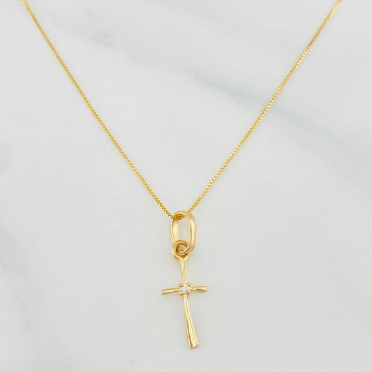 Set Cadena Veneciana + Dije Cruz / 1.3g / 40cm Oro Amarillo 18K