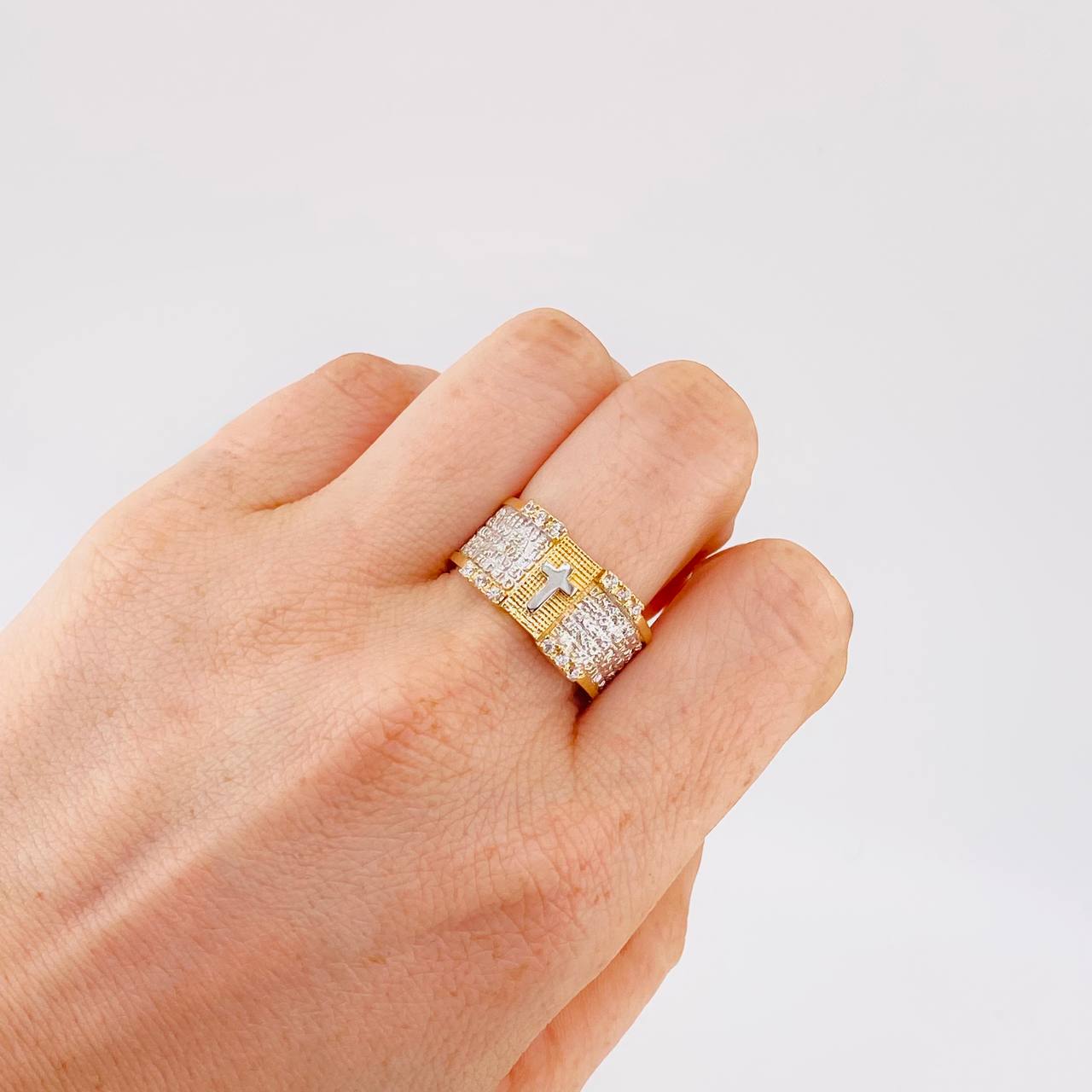 Anillo Cruz Padre Nuestro 9 g / T10 1/2 Dos Oros Amarillo Blanco 18K