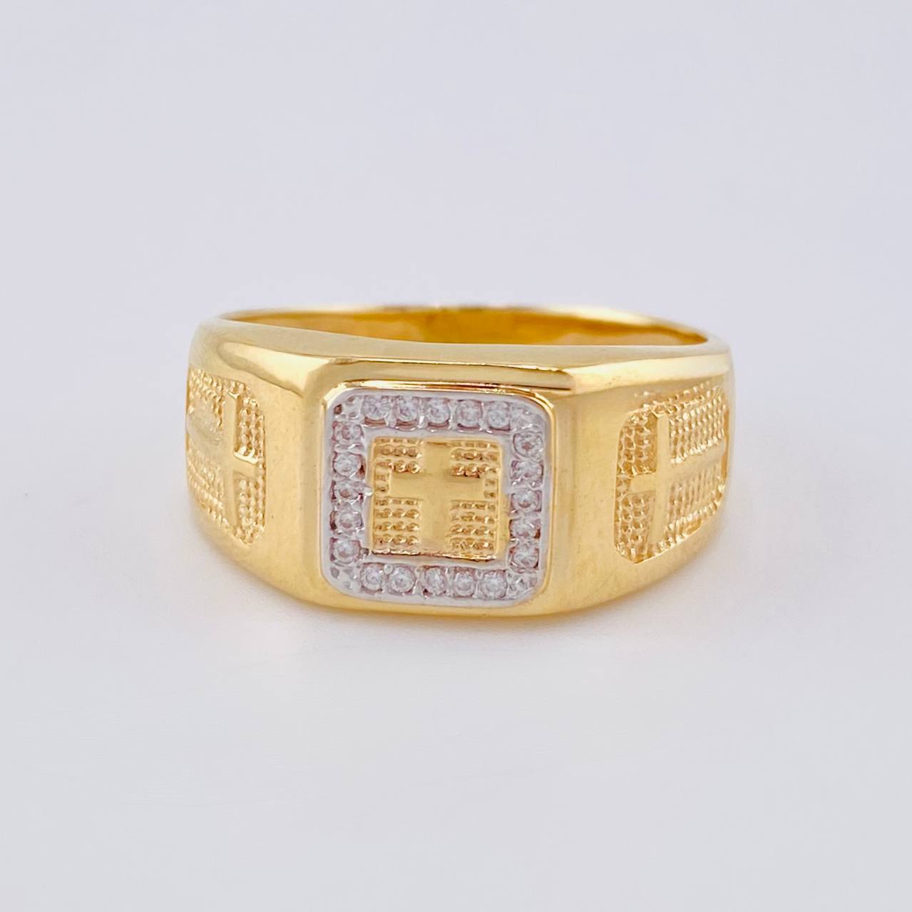 Anillo Sello Cruces Laterales 7.45 g / T10 1/2 Dos Oros Amarillo Blanco 18K