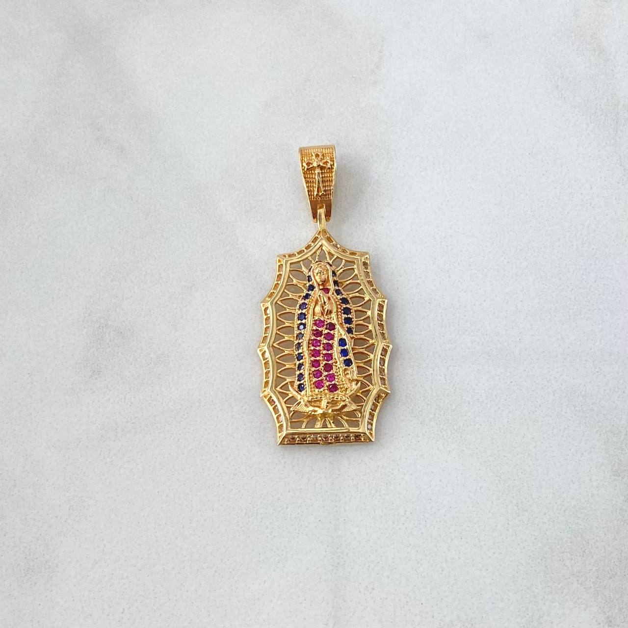 Dije Virgen Guadalupe Filigrana 4.7gr / 3.7cm / Circones Blancos Azul Rey Fucsias Oro Amarillo 18K