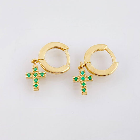 Candongas Cruz Colgante Esmeraldas 19pts 2.6gr / 2.1cm / Oro Amarillo 18K *