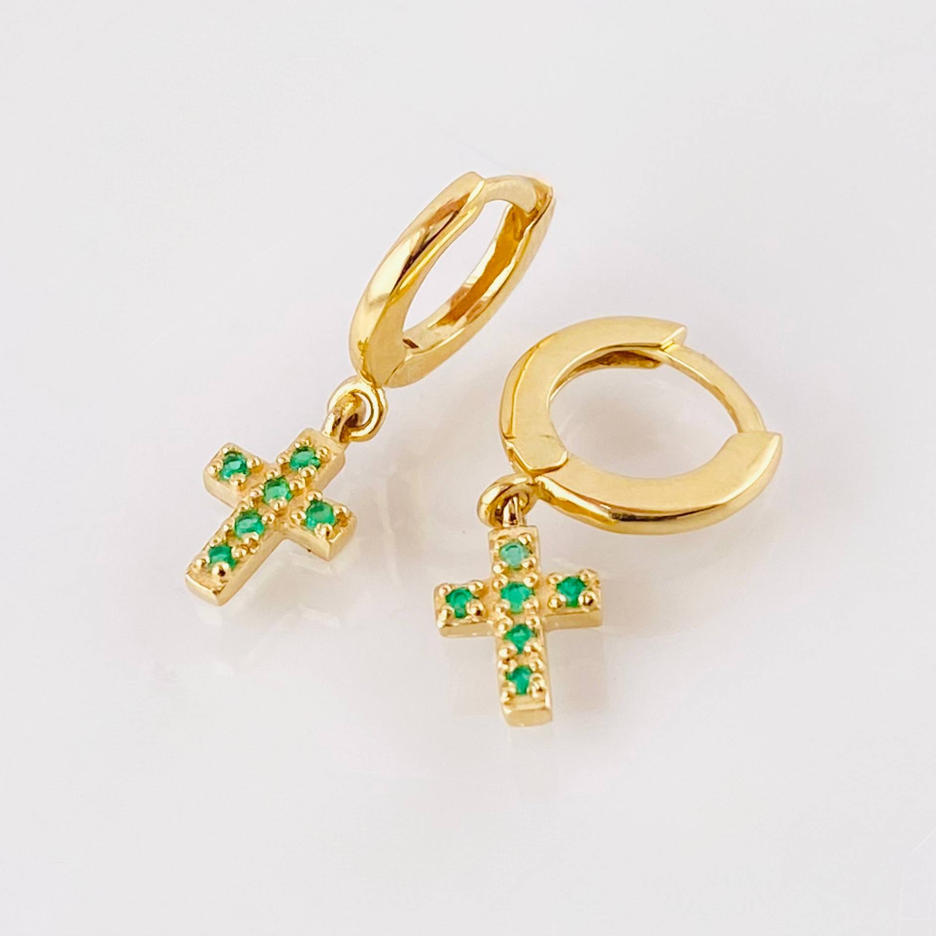 Candongas Cruz Colgante Esmeradas 19pts 2.55g / 2.3cm Oro Amarillo 18K