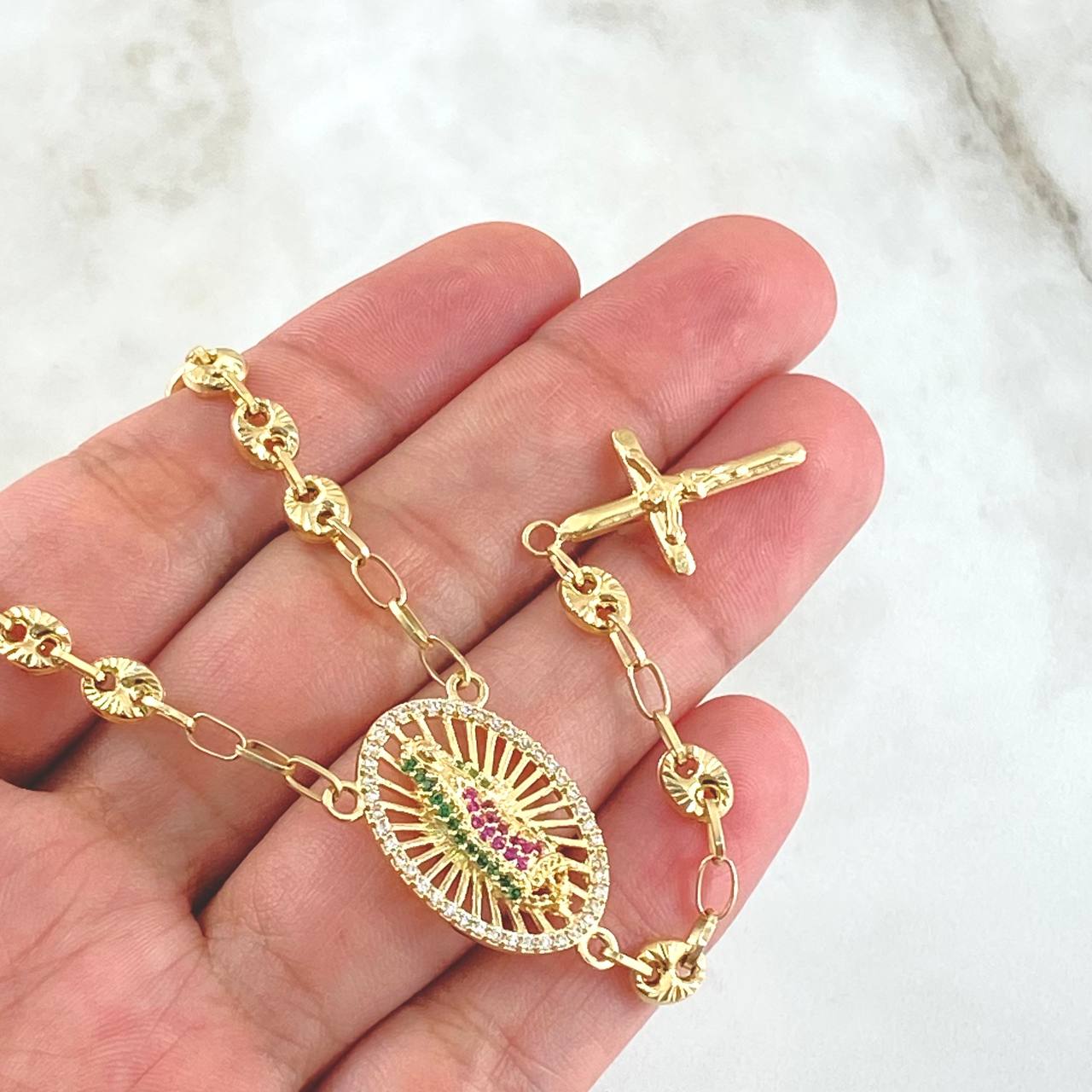 Rosario GC Virgen De Guadalupe 15.65gr / 58cm / 5mm Cruz Cristo Puntas Planas Bolas Diamantadas Oro Amarillo 18K