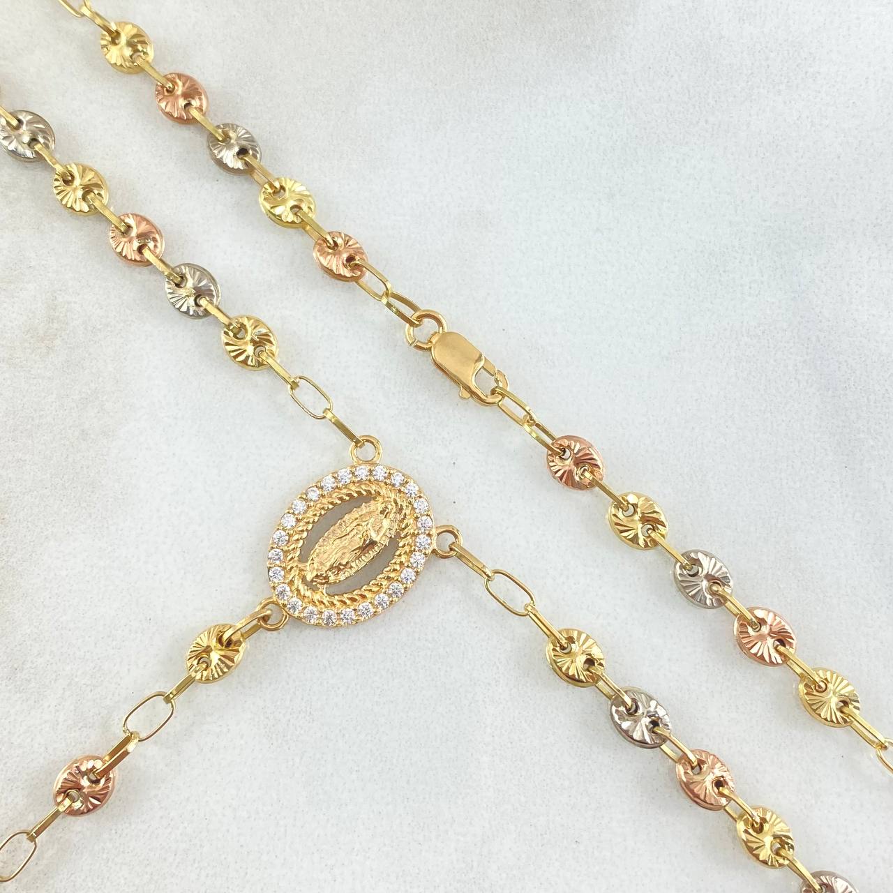 Rosario GC Virgen De Guadalupe 10.9gr / 50cm / 4.2mm Cruz Lisa Puntas Planas Bolas Diamantadas Tres Oros 18K