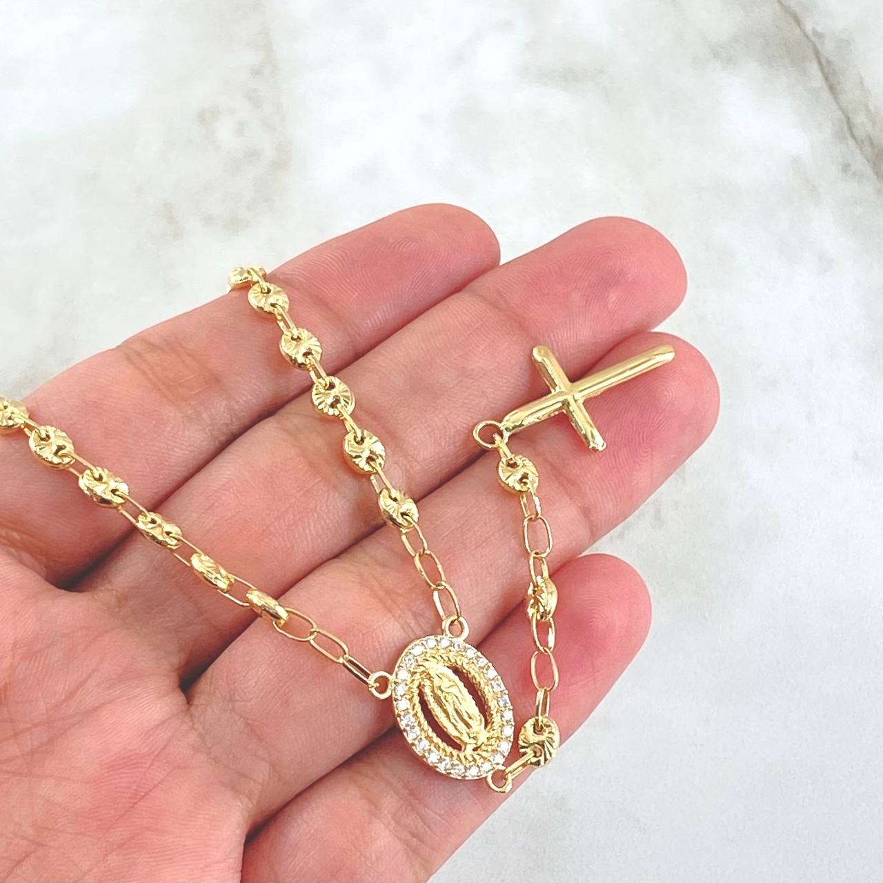 Rosario GC Virgen De Guadalupe 11.4gr / 52cm / 4.2mm Cruz Lisa Puntas Planas Bolas Diamantadas Oro Amarillo 18K