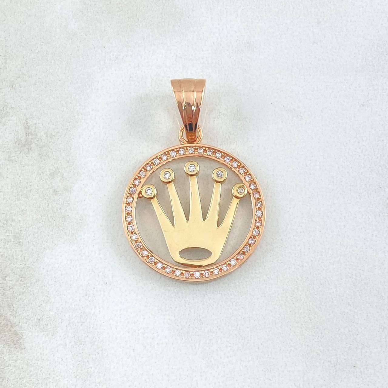 Dije Medalla Silueta Corona RX 4.3gr / 3cm / Circones Blancos Dos Oros Amarillo Rosa 18K