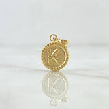 Dije Letra K Mate 0.6gr / 1.5cm / Circulo Cargador Bordeado Oro Amarillo 18K