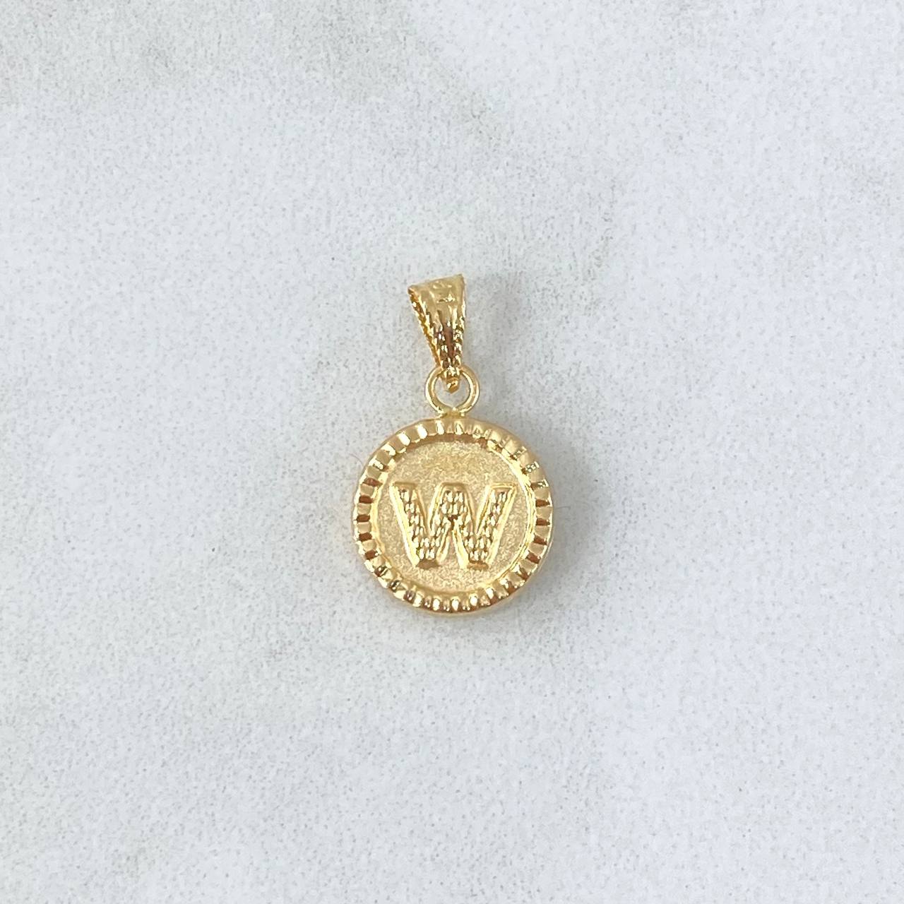 Dije Letra W Mate 0.55gr / 1.5cm / Circulo Cargador Bordeado Oro Amarillo 18K