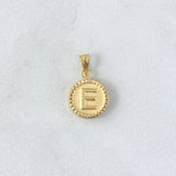 Dije Letra E Mate 0.65gr / 1.5cm / Circulo Cargador Bordeado Oro Amarillo 18K ©