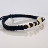 Pulsera Tejida Negra Placa Cuadrada Bolas Diamantadas Oro Amarillo 18K