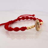 Pulsera Tejida Roja Virgen Guadalupe Bolas Diamantadas Oro Amarillo 18K