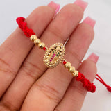 Pulsera Tejida Roja Virgen Guadalupe Bolas Diamantadas Oro Amarillo 18K
