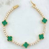 Pulso Tennis Trebol VCyA 13.55gr / 19cm / 2.8mm Malaquita Verde Circones Blancos Oro Amarillo Nac.Esp. 18K ©