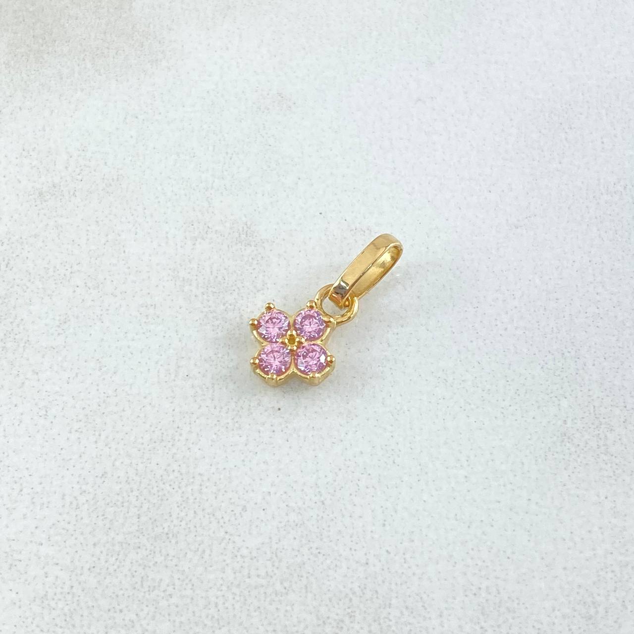 Dije Flor Cuatro Petalos 0.65gr / 1.5cm / Circones Rosados Oro Amarillo 18K ©