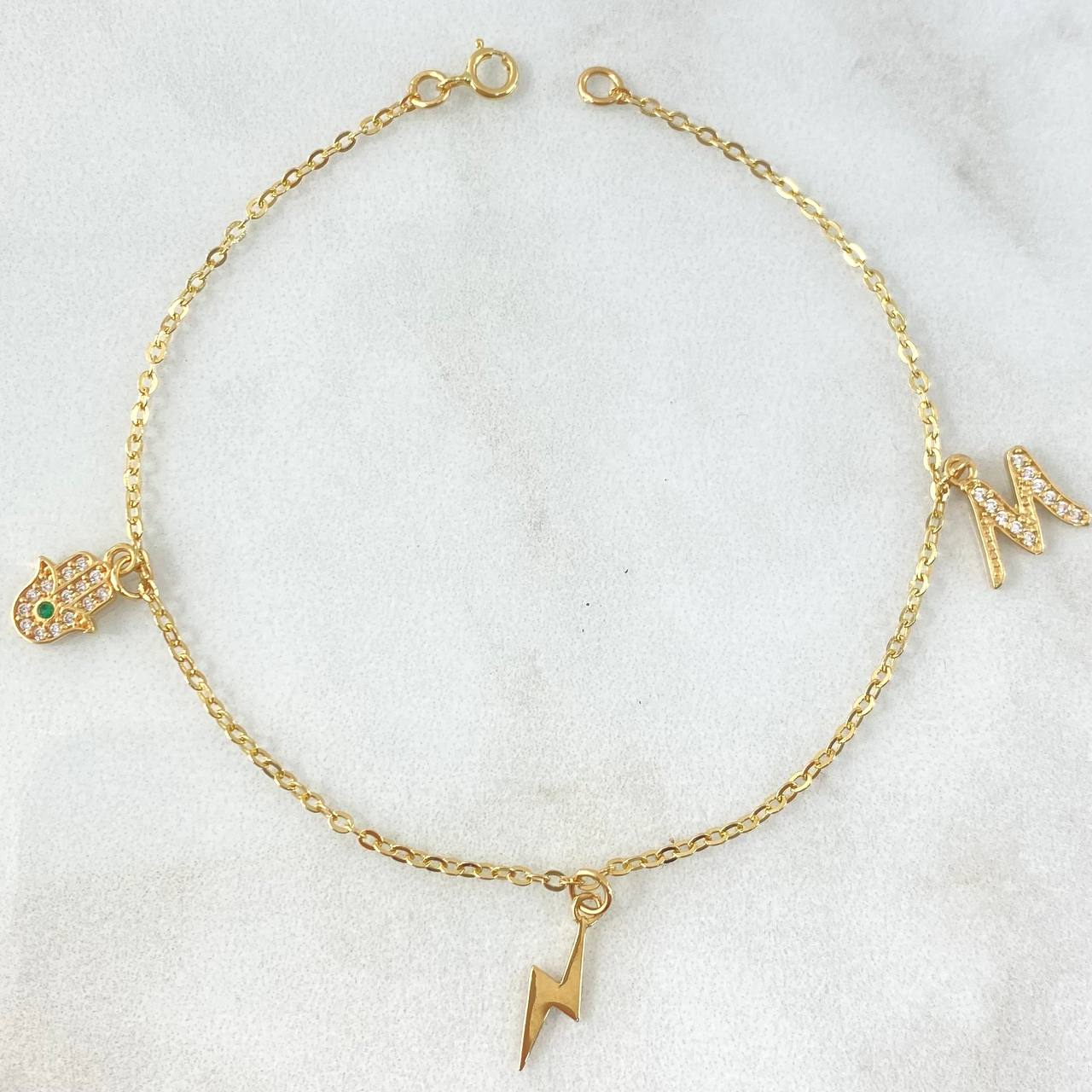 Pulso Aro Seguido 2.3gr / 19cm / "Mano Hamsa - Rayo - Letra M" Oro Amarillo Nac.Esp. 18K ©