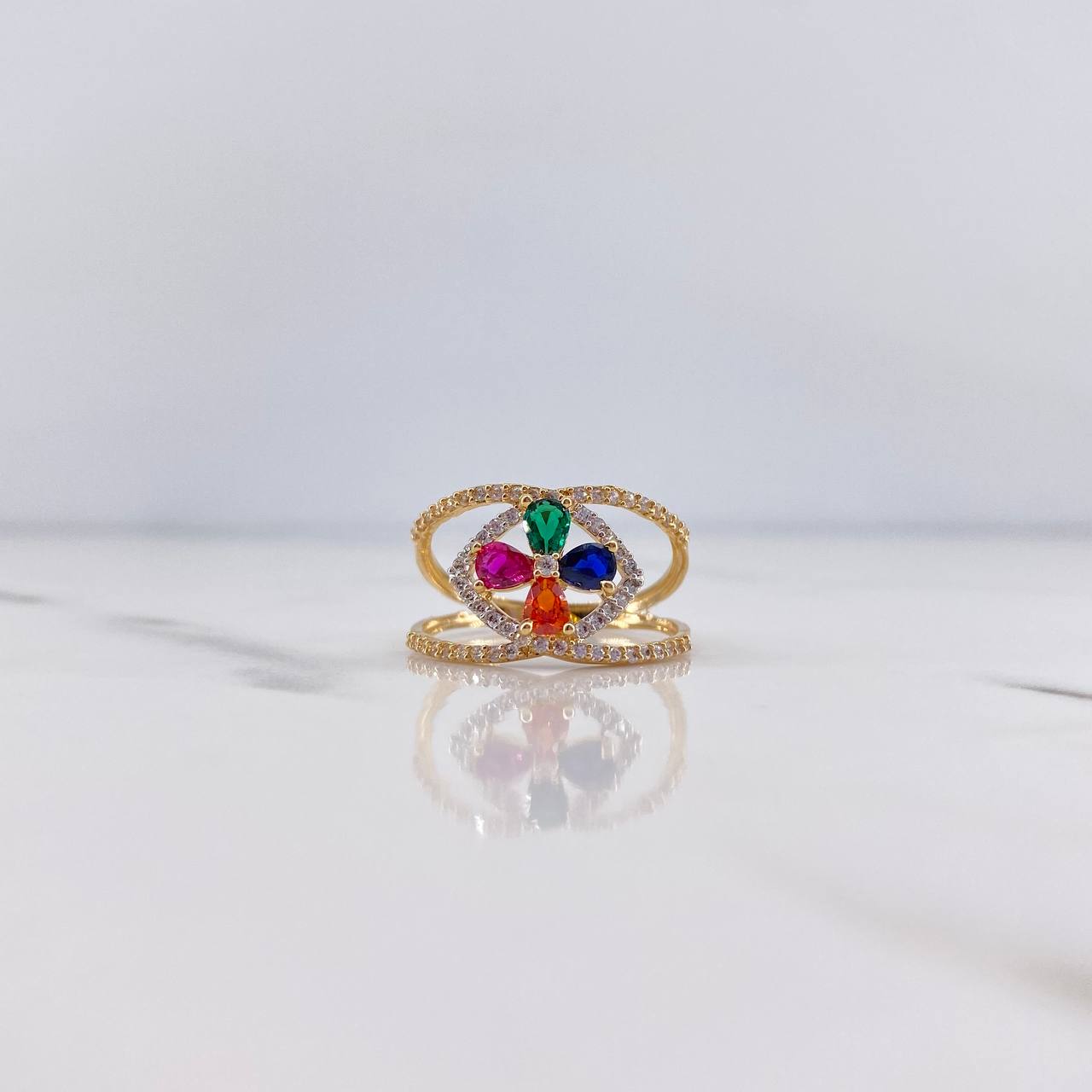 Anillo Rombo Flor 2.85gr / T6 1/2 / Circones Fucsia Naraja Verde Azul Blancos Dos Oros Amarillo Blanco 18K $