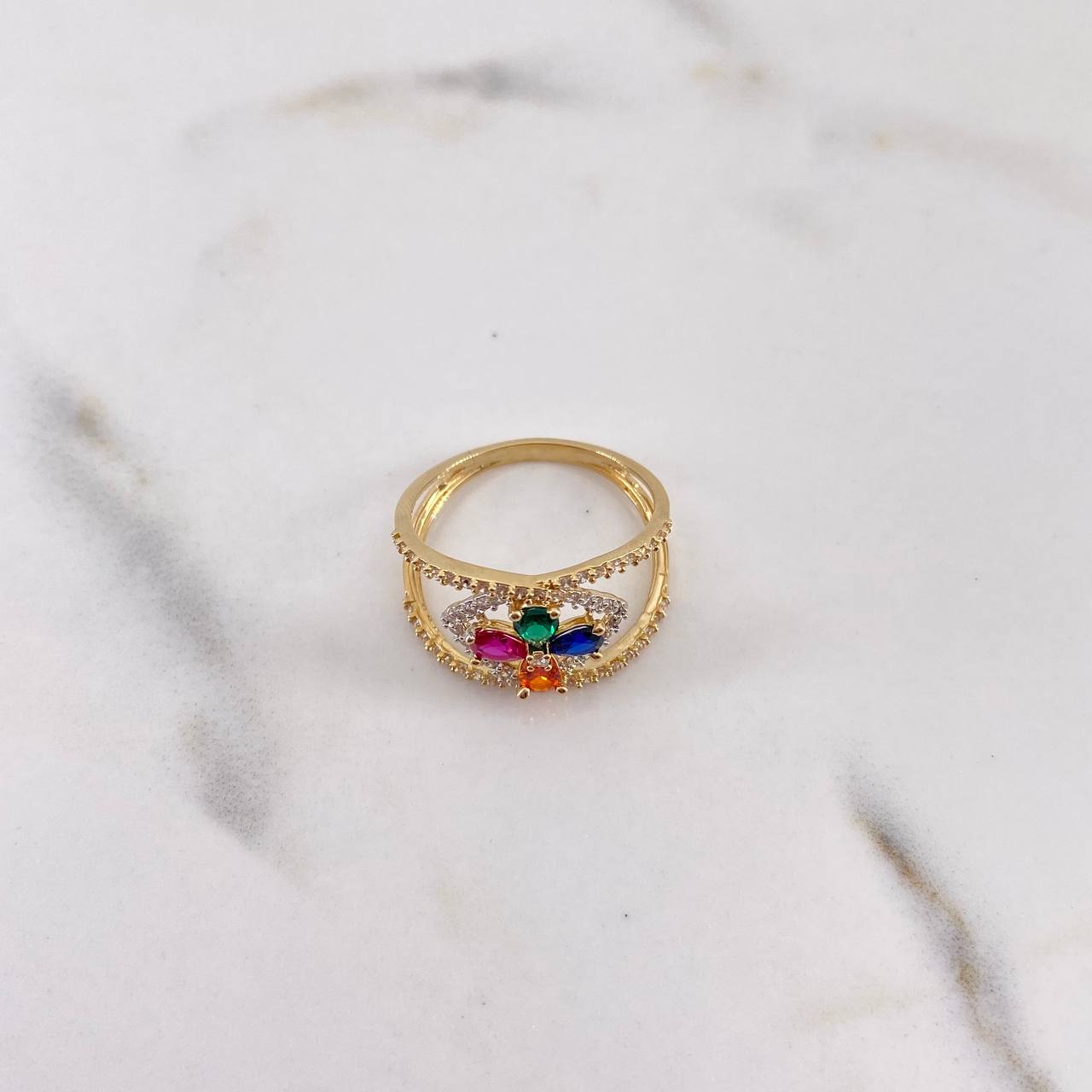 Anillo Rombo Flor 2.85gr / T6 1/2 / Circones Fucsia Naraja Verde Azul Blancos Dos Oros Amarillo Blanco 18K $