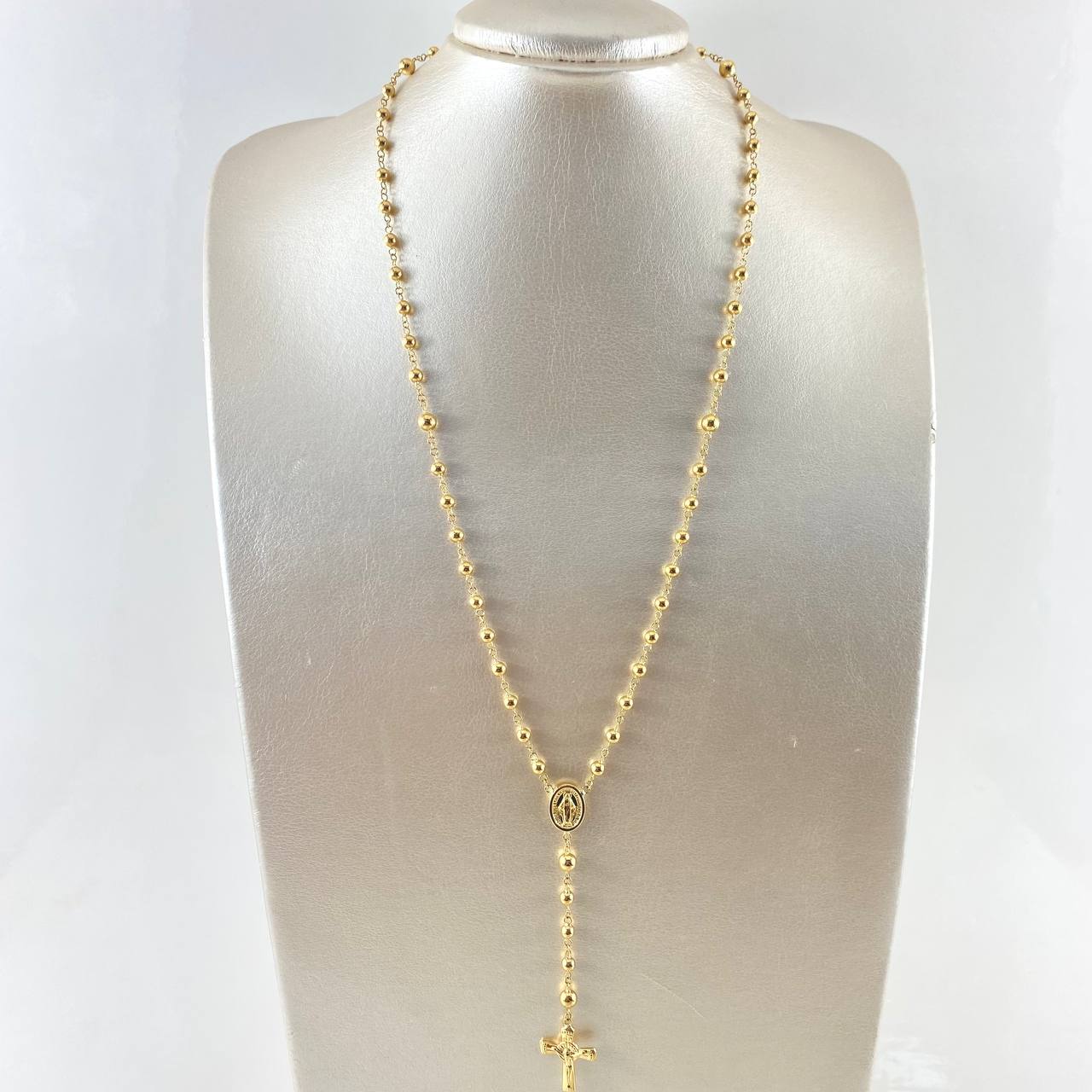 Rosario Virgen milagrosa Cruz INRI 13gr / 60cm / 5mm-4mm Bolas lisas Oro Amarillo 18K ©