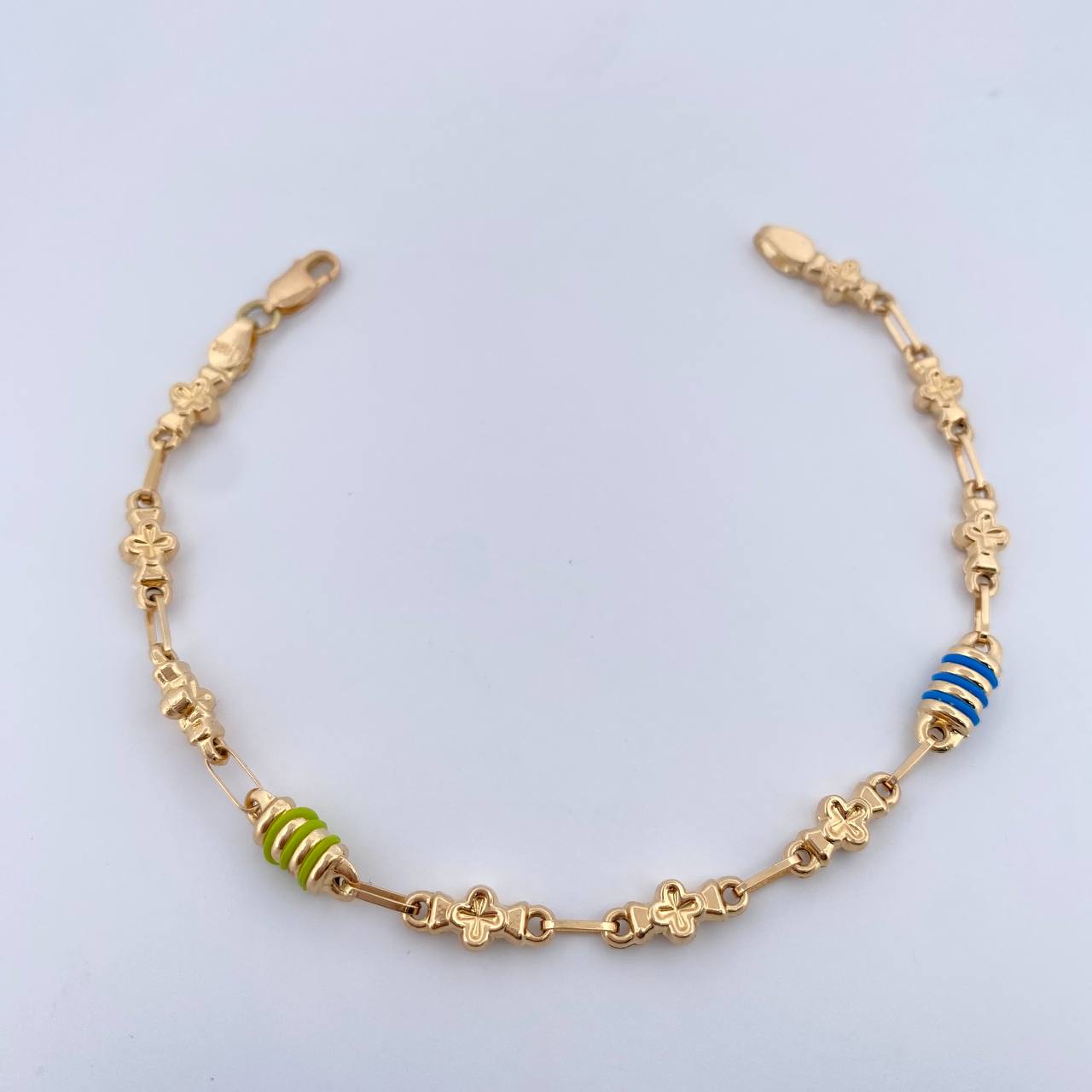 Pulso Rustico Barril Trebol 4.2gr / 19.2cm / 4.7mm Cauchos Azul Verde Oro Amarillo 18K &
