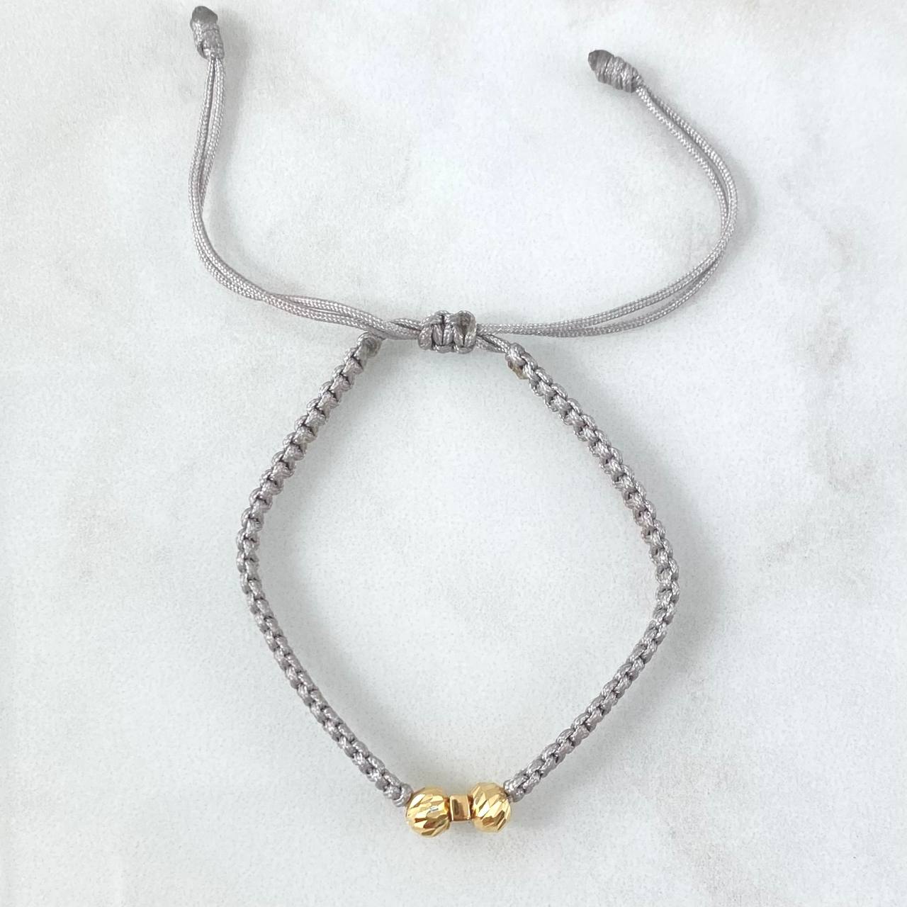 Pulsera Gris Herraje Letra L 0.7gr / 5mm Bolas Diamantadas Oro Amarillo 18K
