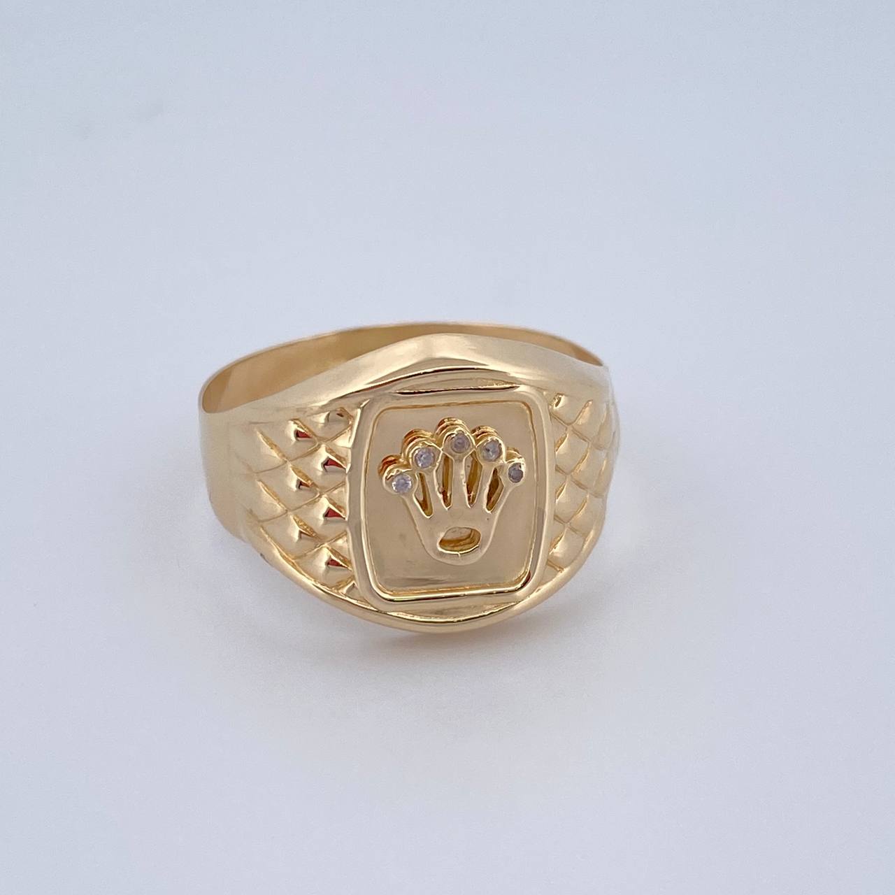 Anillo Sellos Corona Rx 3.5gr / T11 1/2 / Oro Amarillo Circones Blancos 18K $