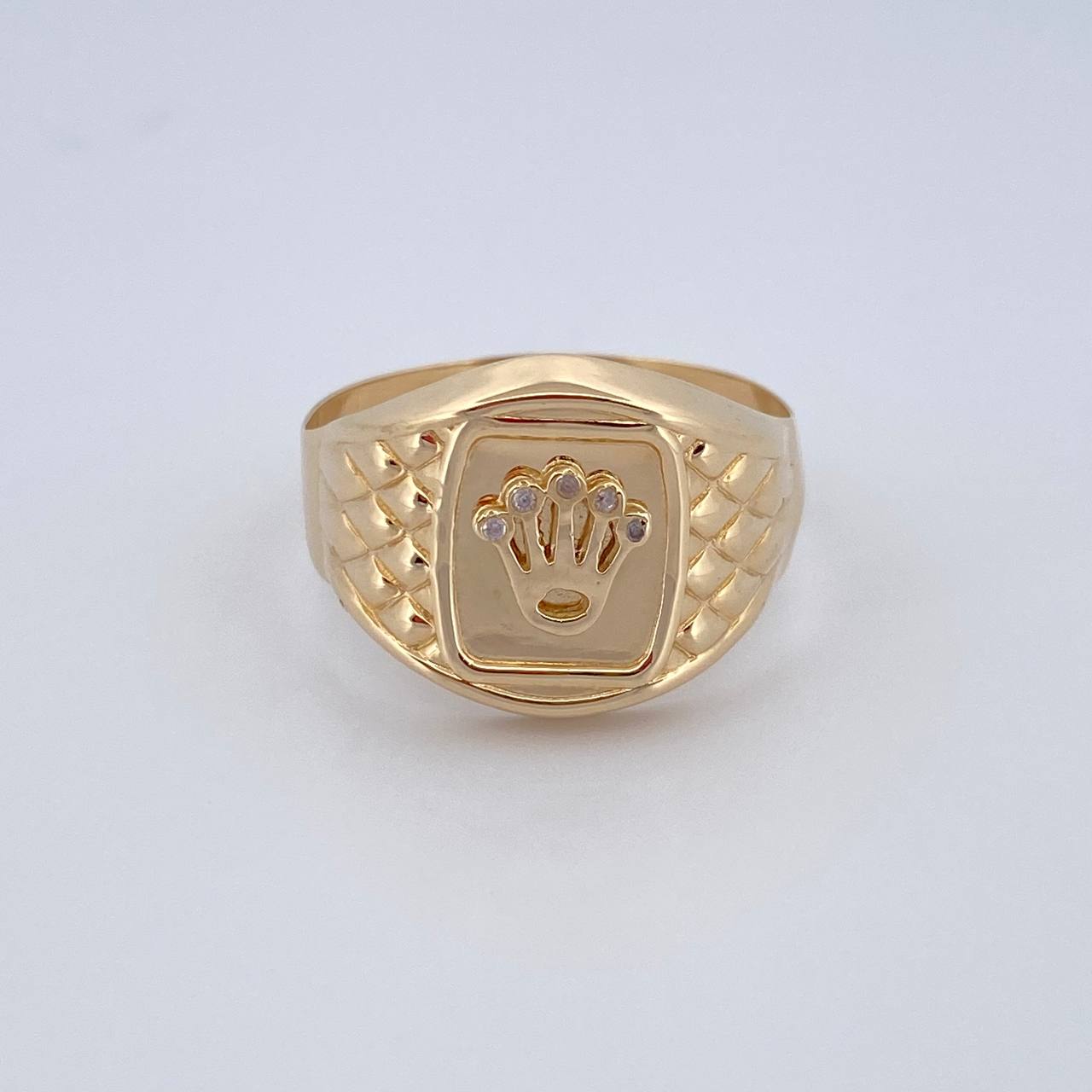 Anillo Sellos Corona Rx 3.5gr / T11 1/2 / Oro Amarillo Circones Blancos 18K $