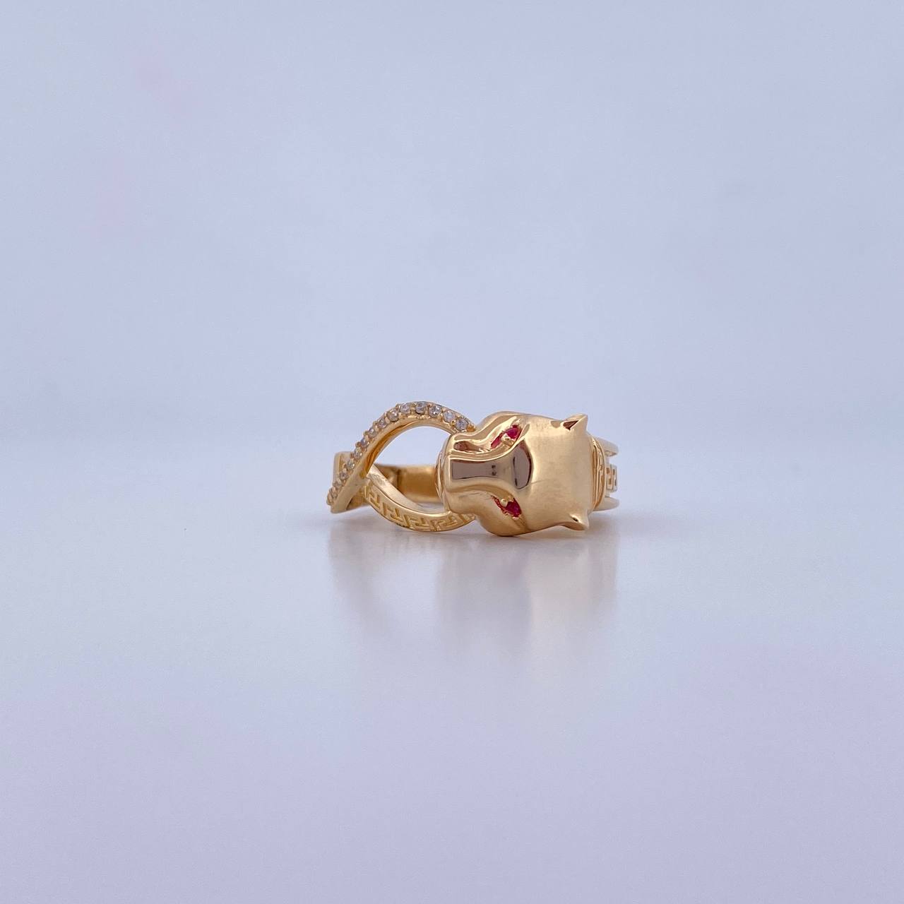Anillo Pantera Tribal 4.25gr / T7 3/4 / Circones Fucsias Blancos Oro Amarillo 18K &