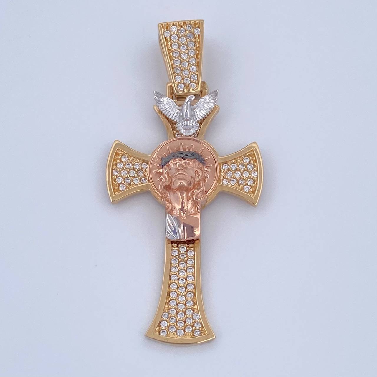 Dije Cruz Rostro Jesus 8.85gr / 4.9cm / Circones Blancos Tres Oros 18K &