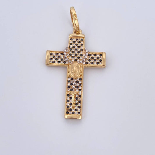 Dije Cruz Virgen Milagrosa Rosario 6.1gr / 4.8cm / Circones Negros Blancos Dos Oros Amarillo Blanco 18K &