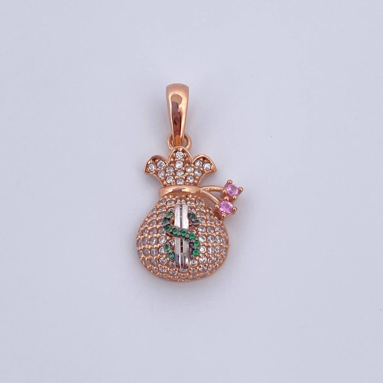 Dije Bolsa De Dinero Coquett 2.65gr / 2.5cm / Circones Verdes Rosados Blancos Tres Oros 18K &